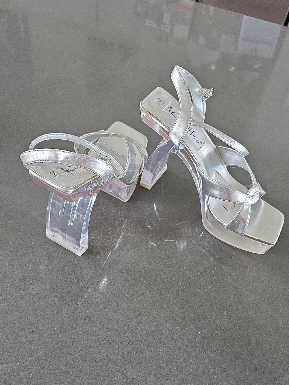 Clear Lucite Block Platform Sandals - Silver Strappy Women’s Heels
